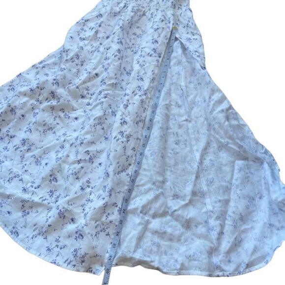 Reformation Midi Dress Smocked Puff Sleeves White Linen Floral Long Slit Medium - Picture 14 of 15